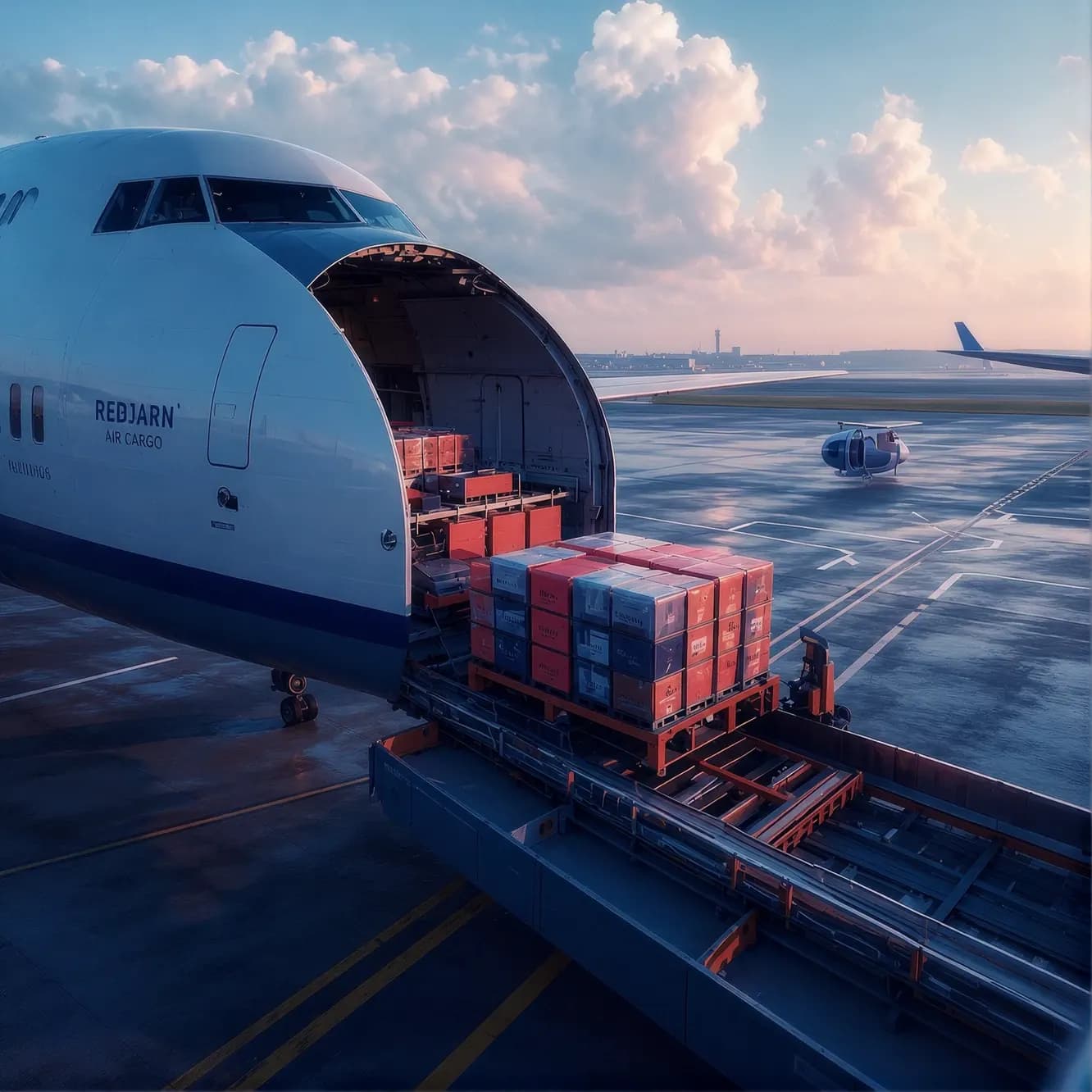 Cargo aircraft with its nose door open being loaded on the apron