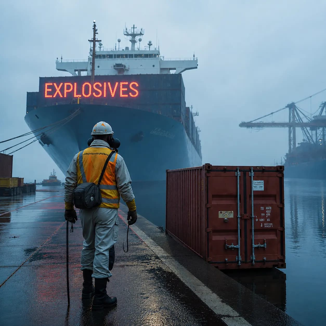 Worker in protective gear beside containers marked explosives