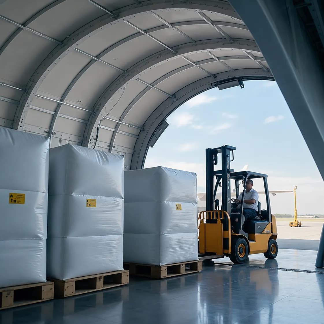 Forklift moving wrapped pallets inside a warehouse