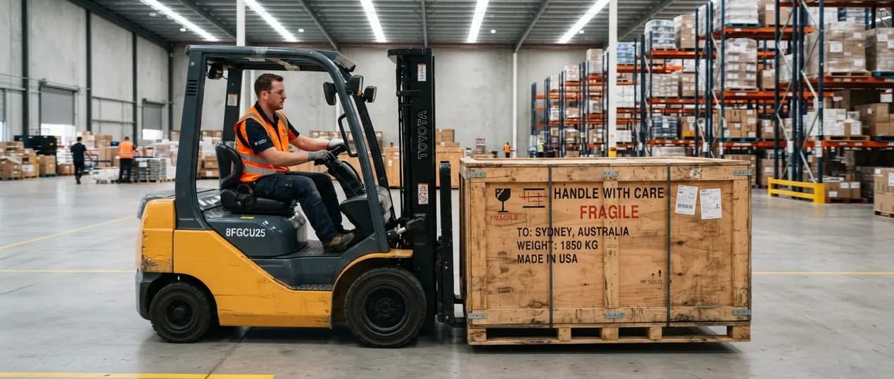 Forklift operator moving a wooden export crate in a warehouse