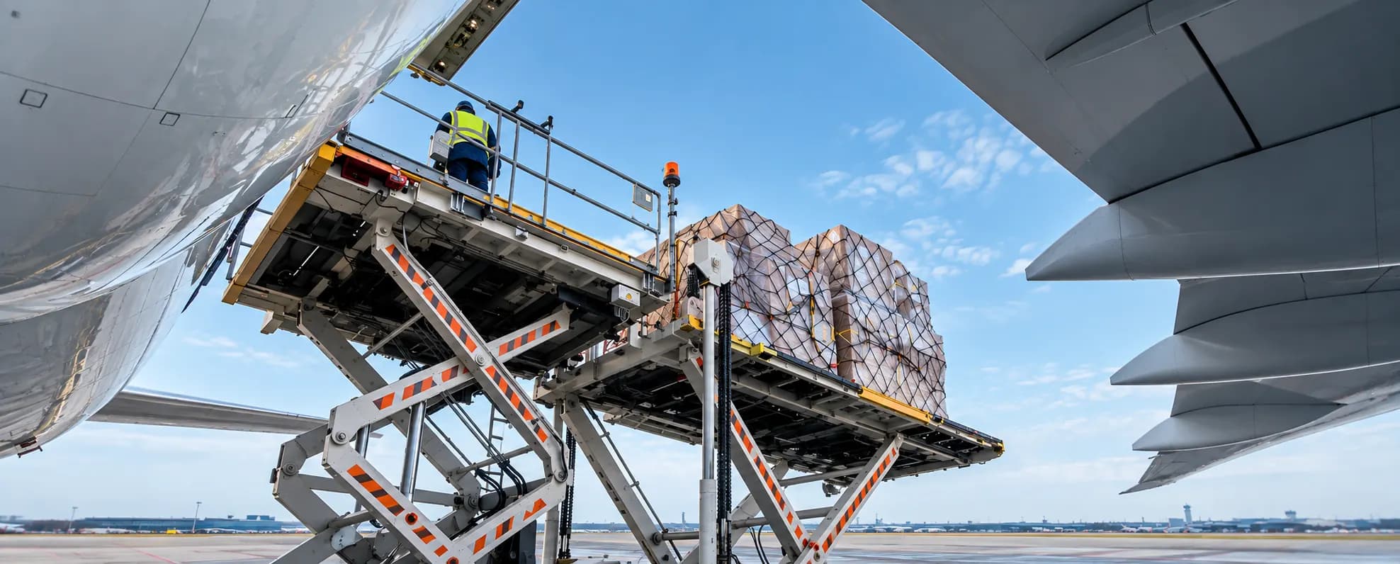 Cargo pallets raised on a loader beside a freighter aircraft under the wing