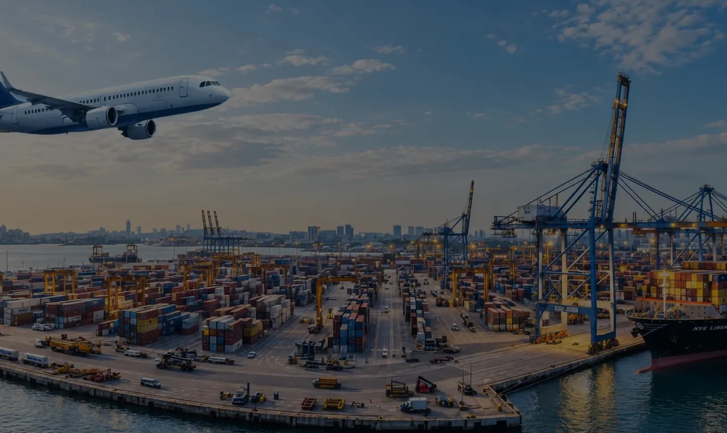 Container port at sunrise with a ship at the quay and a cargo aircraft overhead