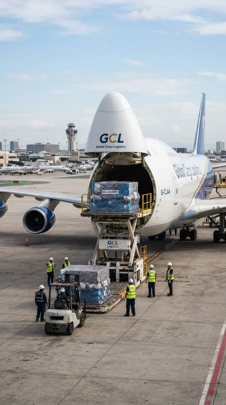 Air cargo being loaded through the nose door of a freighter aircraft
