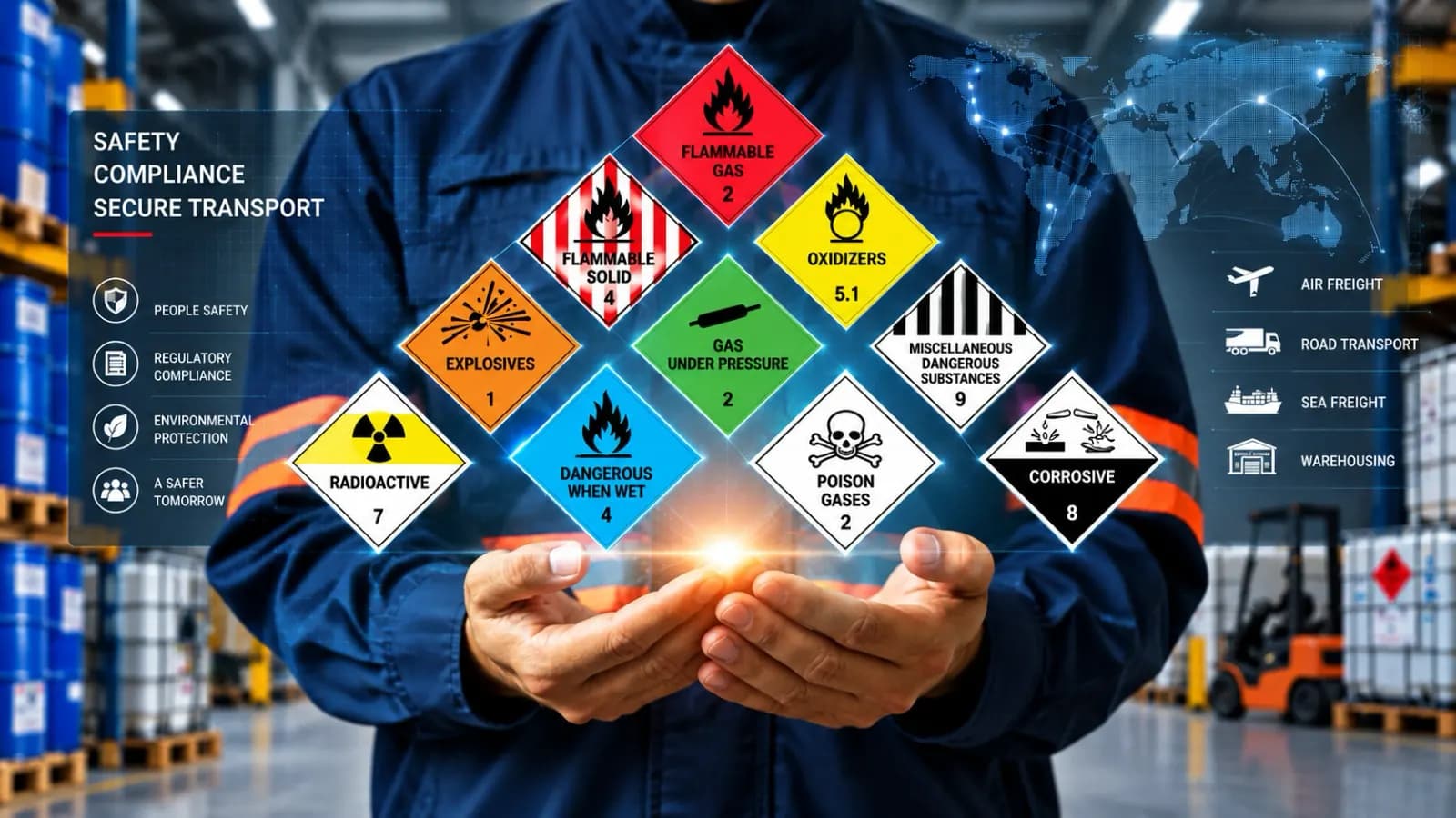 Hazard class labels for dangerous goods held above a specialist's hands