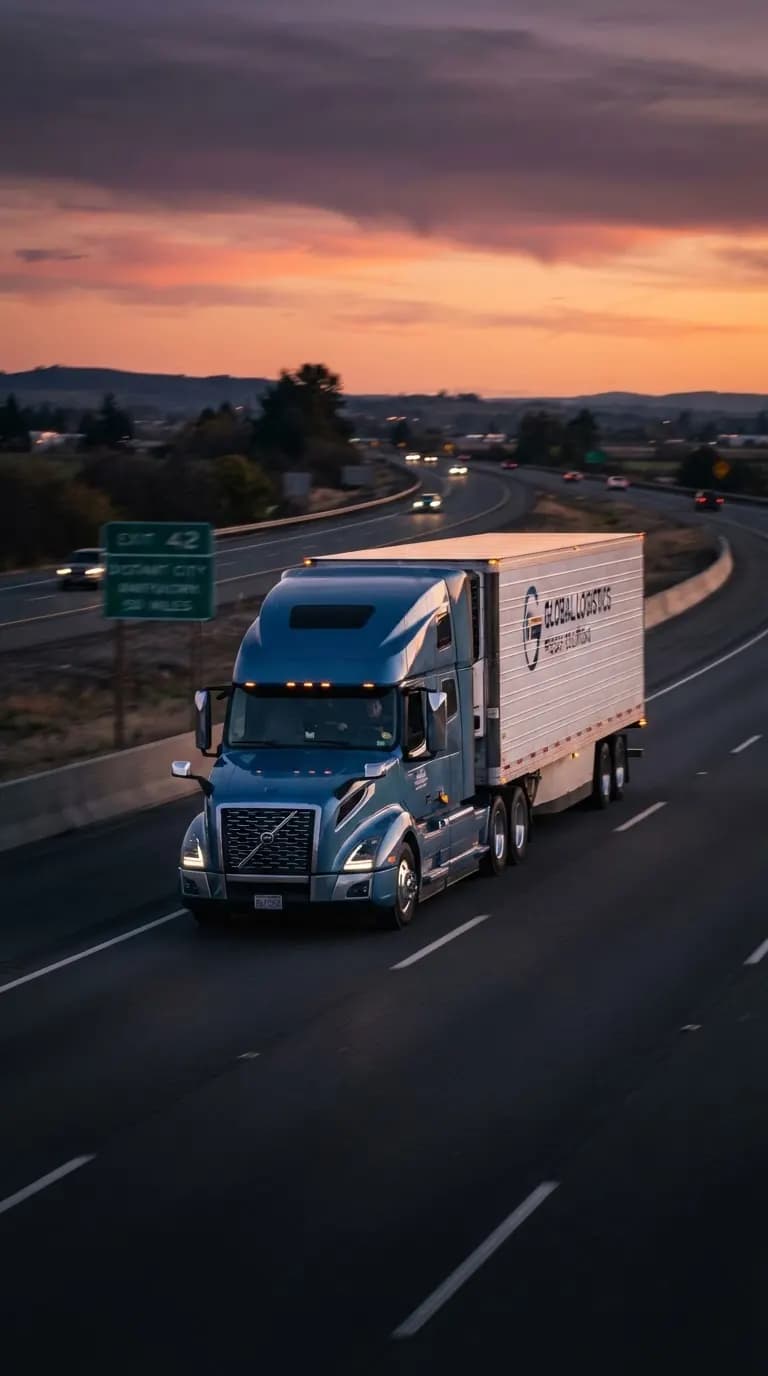 Semi-truck with a box trailer on a highway at dusk