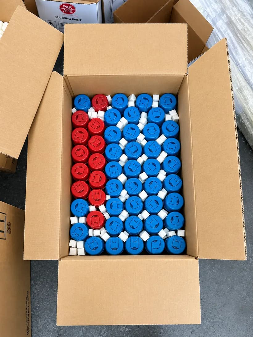 Open carton neatly packed with capped containers