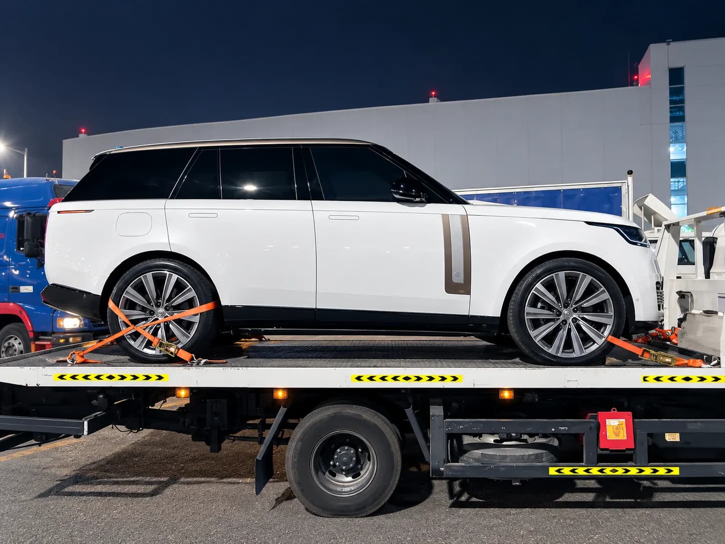 SUV strapped down on a car transporter