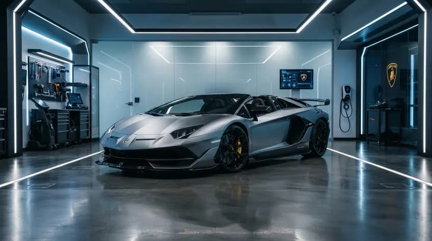 Silver sports car parked in a lit showroom garage