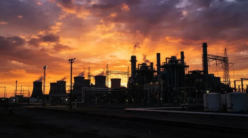 Refinery silhouetted against an orange sunset
