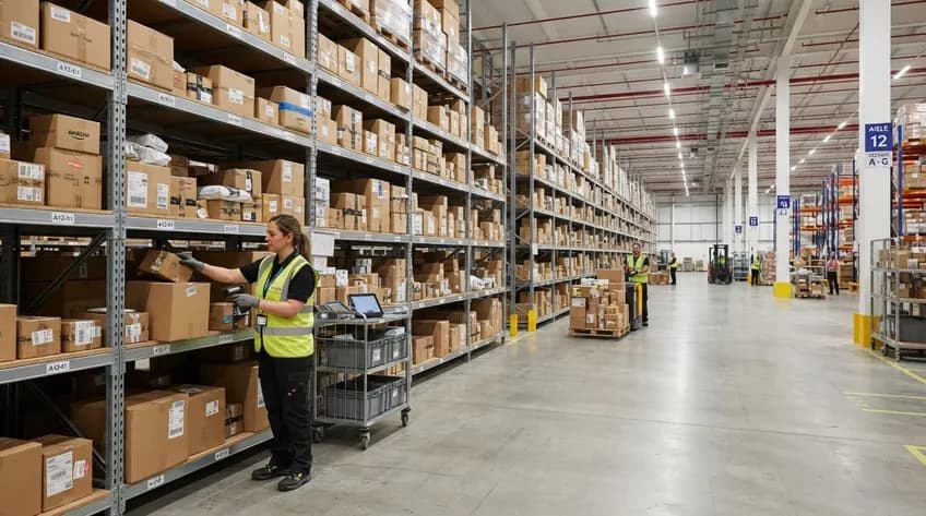 Warehouse aisle lined with stocked shelving