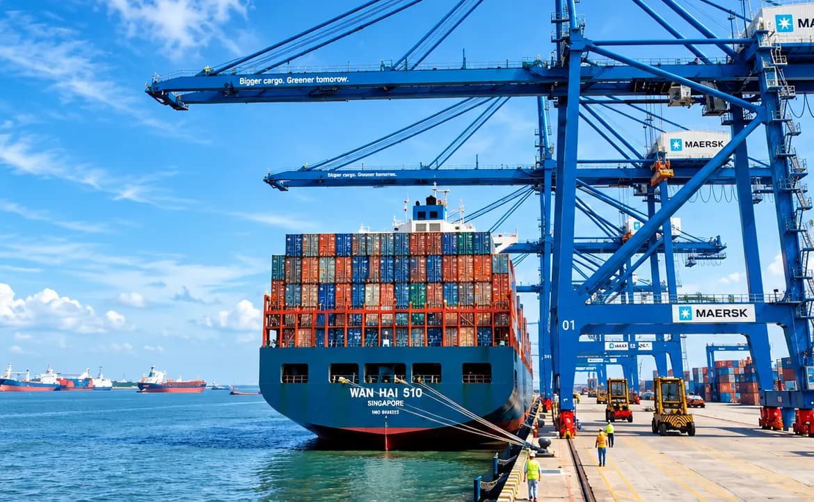 Container ship moored under gantry cranes at a busy port terminal