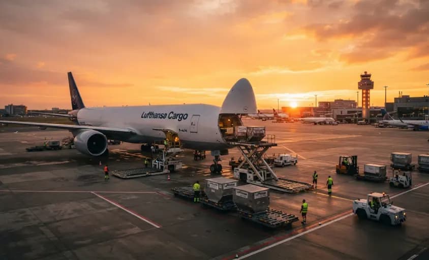 Cargo aircraft being loaded on the apron at sunset