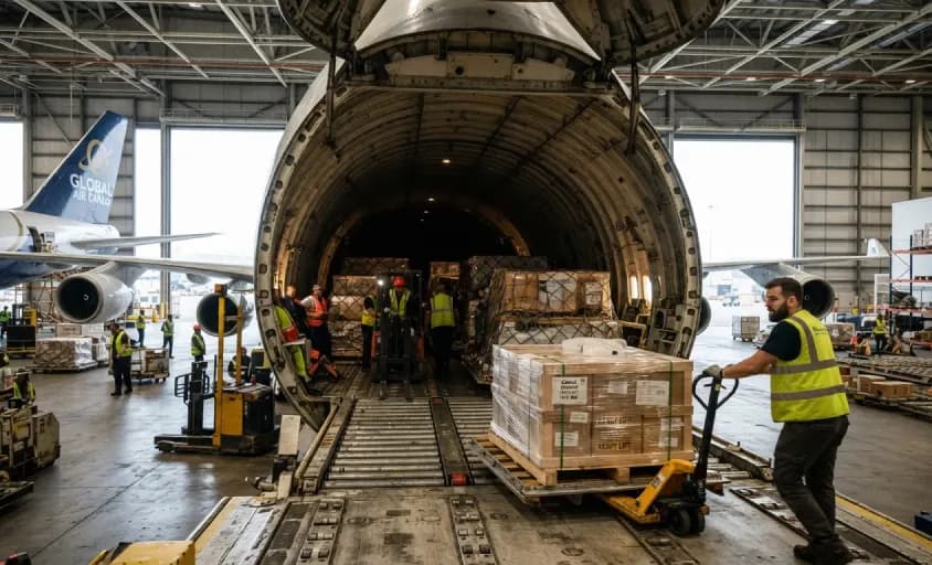 Pallets being loaded through the nose of a freighter in a hangar