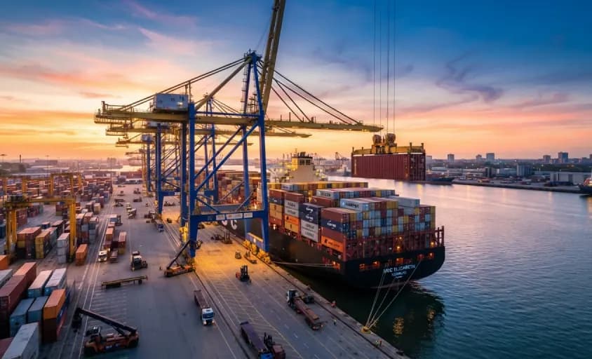 Container ship berthed under gantry cranes at dusk