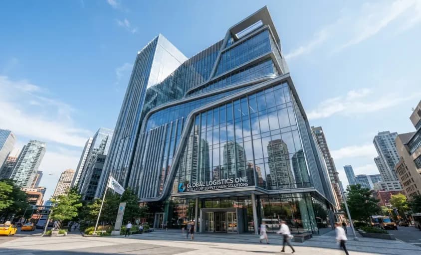 Modern glass office building on a city corner