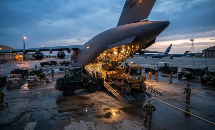 Heavy equipment rolling out of a large military-style transport aircraft