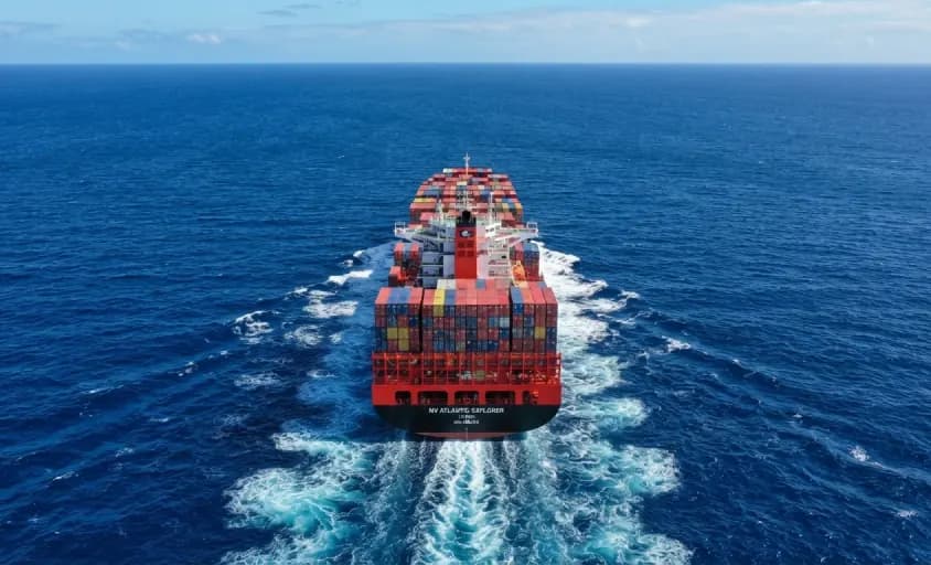 Aerial view of a container ship crossing open sea