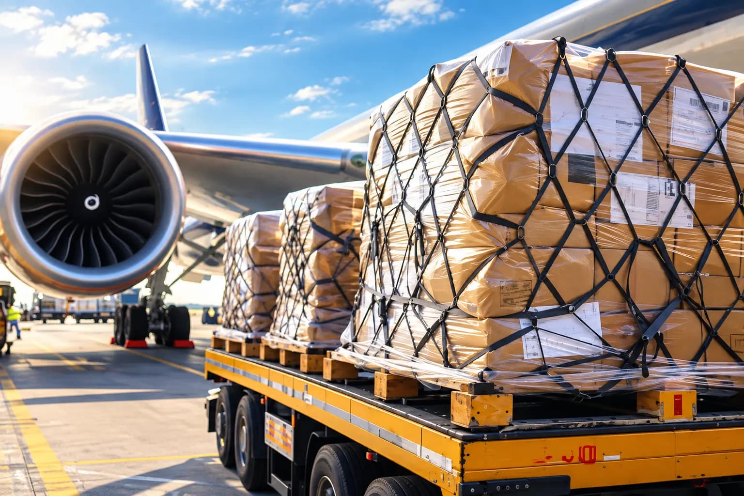 Netted air cargo pallets on a truck beside a freighter aircraft