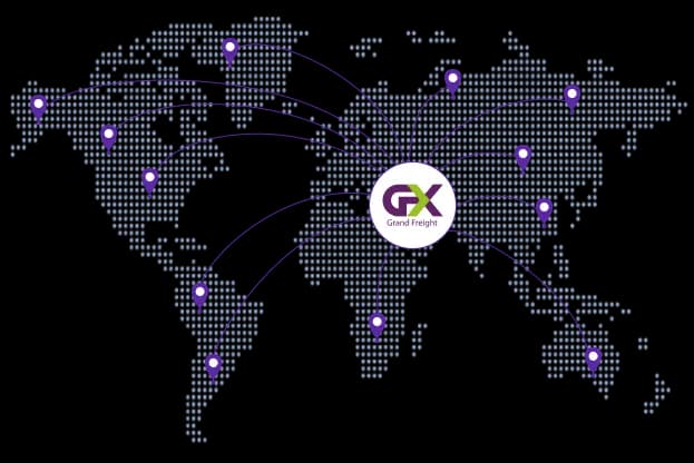 World map with routes from the Grand FreightX hub to offices on every continent