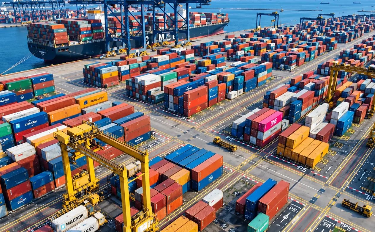 Aerial view of a container port with stacked shipping containers and a docked vessel