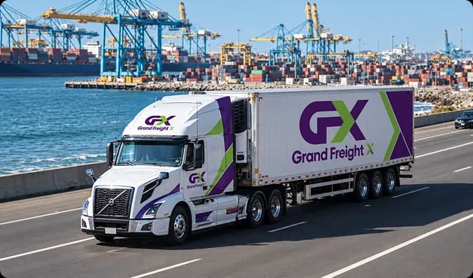 Grand FreightX branded truck driving along a coastal highway past a container port