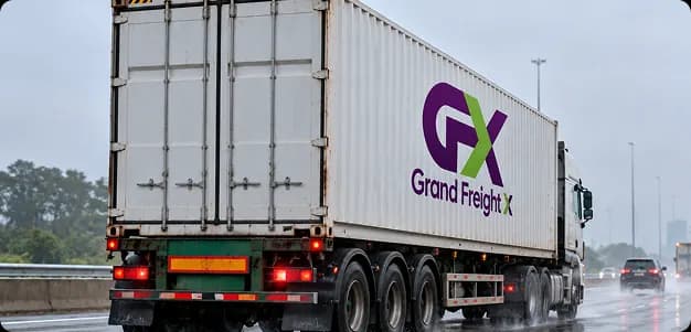 Grand FreightX branded container truck on a wet motorway
